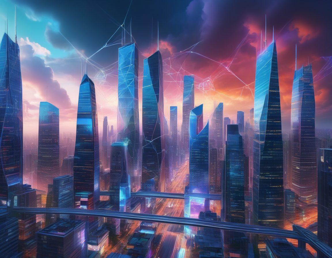 A dynamic digital cityscape with interconnected web networks, diverse business icons, and a vibrant mix of services. Highlight towering skyscrapers representing cloud solutions, digital marketing, e-commerce, and web development. Add a futuristic touch to reflect innovation, with people interacting through technology. super-realistic. vibrant colors.