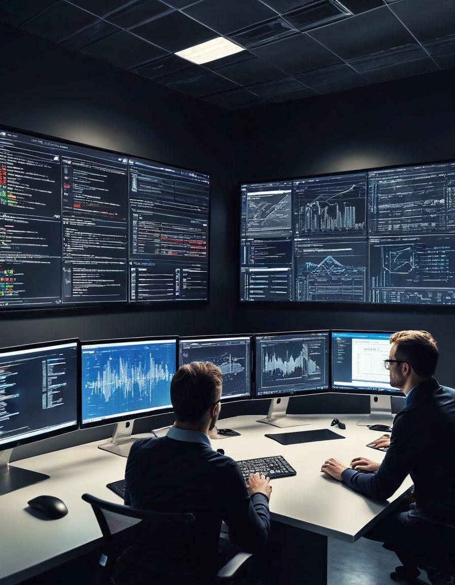 A high-tech office environment with a team of developers collaborating on multiple screens displaying complex code and web designs. The main focus is on a sleek monitor showcasing a modern website dashboard with real-time analytics and development tools. Include subtle branding of ICBInc on the background wall and digital tools. super-realistic. vibrant colors.